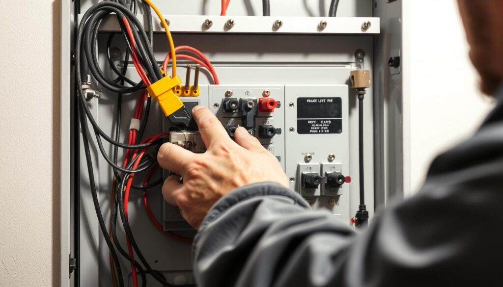 A close-up view of a professional electrician's hands working on a high-voltage electrical panel, with various wires, switches, and circuit breakers visible. The panel is set against a clean, white background, allowing the intricate details of the electrician's work to take center stage. Soft, directional lighting illuminates the scene, casting subtle shadows and highlights that emphasize the precision and care required for this type of rapid emergency electrical intervention. The electrician's face is not visible, but their focused expression and the intensity of their actions convey a sense of urgency and expertise.