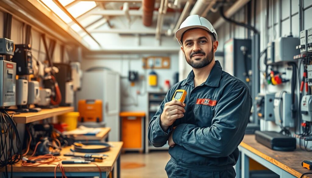 A skilled electrician standing confidently in a well-lit workshop, surrounded by tools and electrical equipment. The foreground features the electrician in a professional uniform, holding a circuit tester and examining a wiring panel. The middle ground showcases various electrical devices, cables, and neatly organized workbenches. The background subtly depicts the modern, clean interior of a Parisian commercial space, conveying a sense of professionalism and reliability. Warm, natural lighting illuminates the scene, creating a welcoming atmosphere. The overall composition emphasizes the expertise, attention to detail, and high-quality service provided by this qualified electrician in Paris 16.