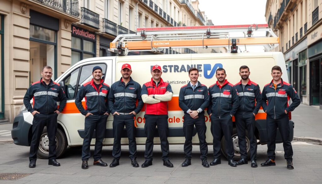 Équipe d'électriciens professionnels à Paris devant leur camion d'intervention